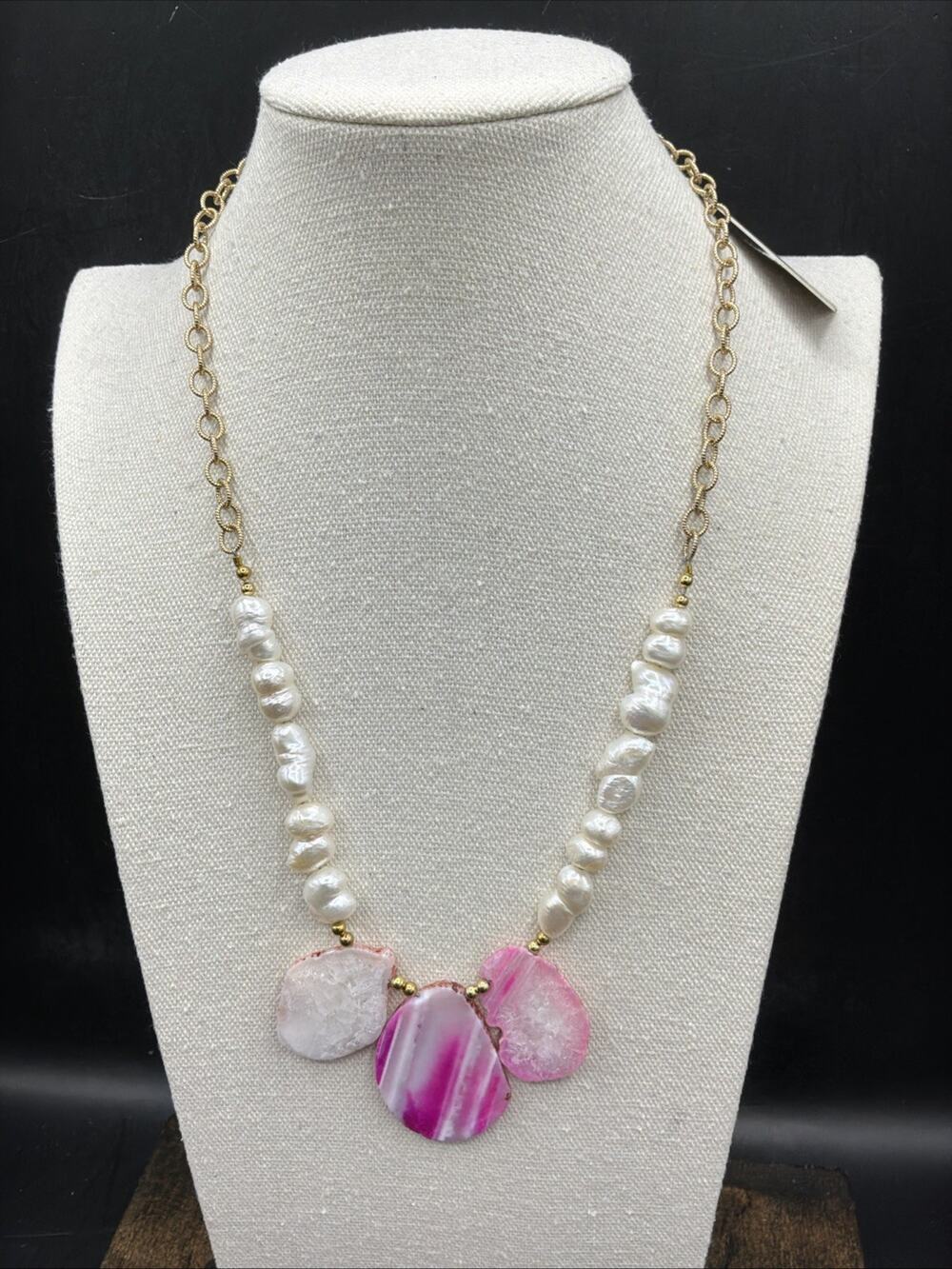 Barse Agate Slice And Freshwater Pearl Necklace- Bronze- NWT